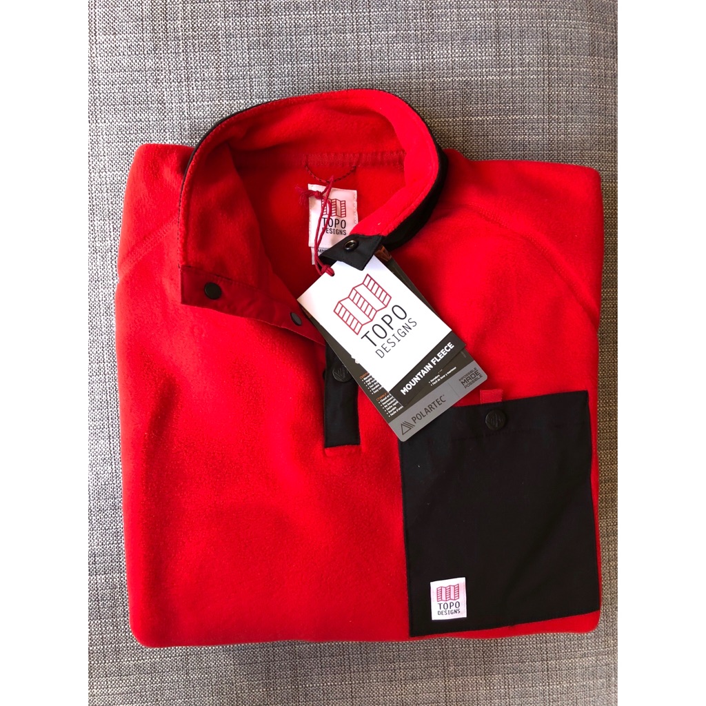 Topo Designs Red Fleece Pullover With Black Pocket